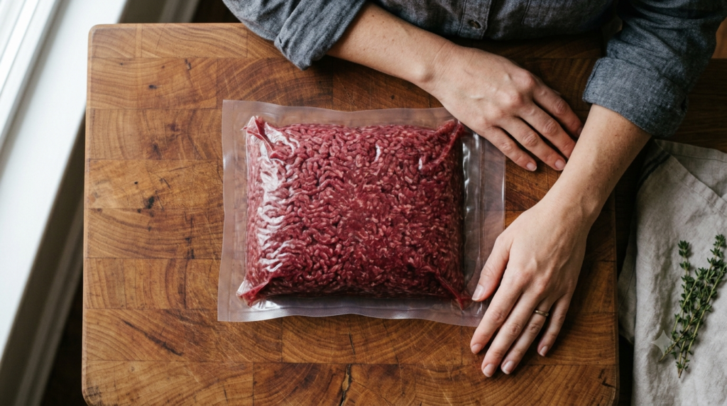 Vacuum sealed raw ground beef stored in an airtight bag