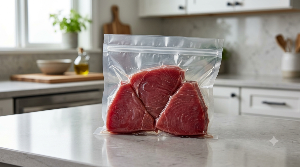Vacuum sealed tuna steaks stored in an airtight bag