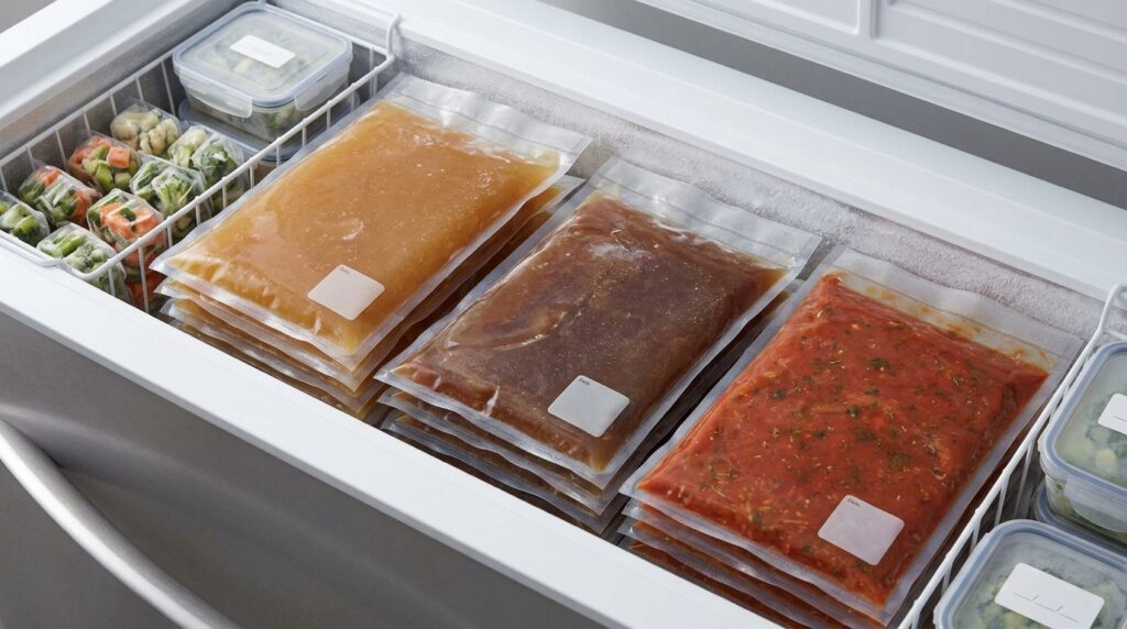 Flat vacuum-sealed bags of frozen soup and sauce stored in a freezer