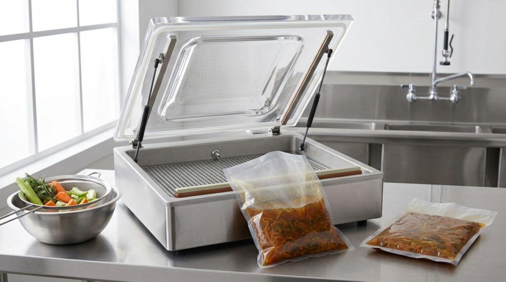 Chamber vacuum sealer containing a bag of soup ready for liquid sealing