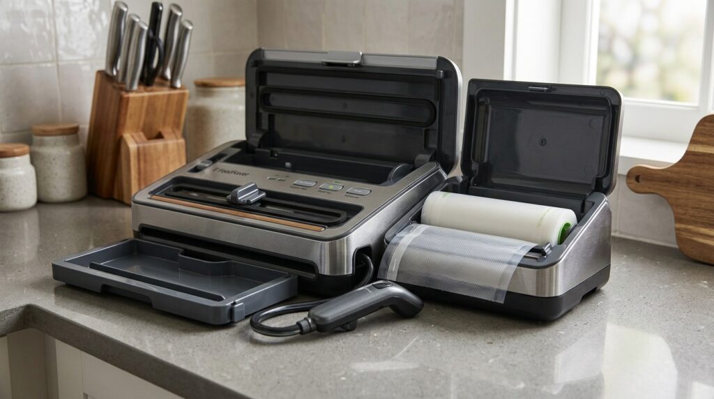 Built-in roll storage, a bag cutter
