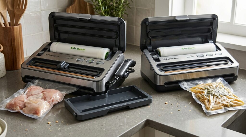 FoodSaver vacuum sealers showing built-in roll storage