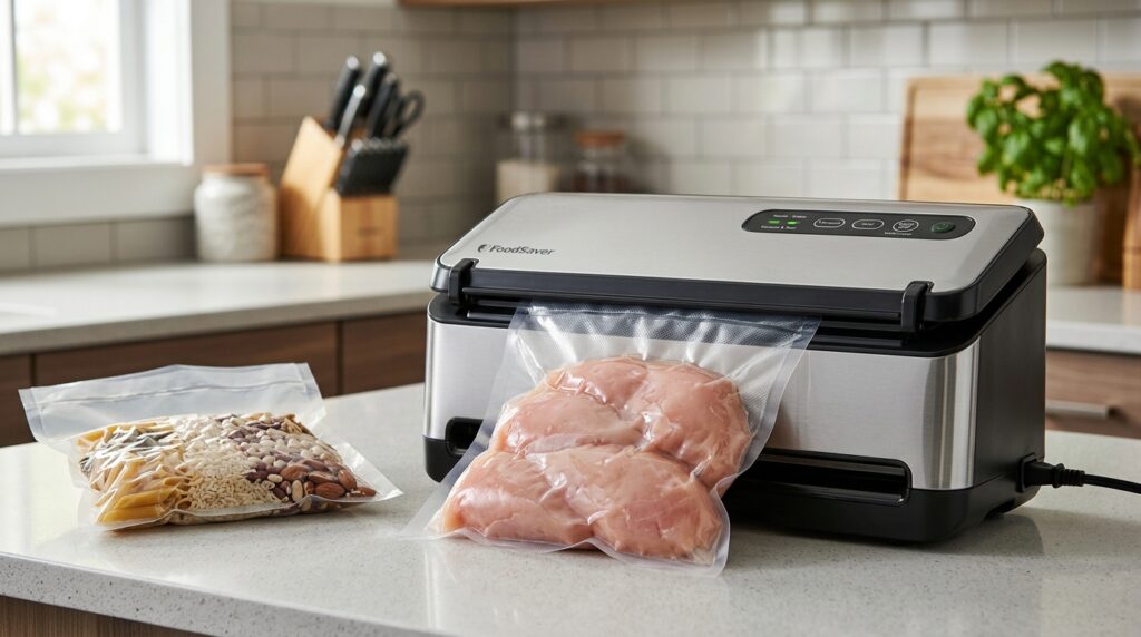 FoodSaver vacuum sealer removing air from a bag of chicken