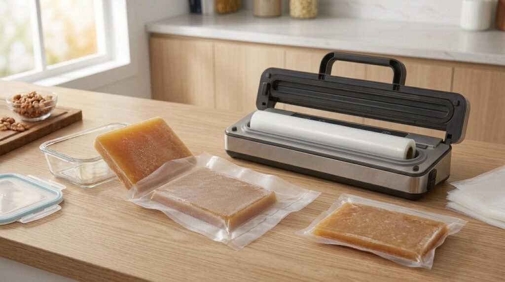 Frozen liquid block placed in a vacuum seal bag before sealing