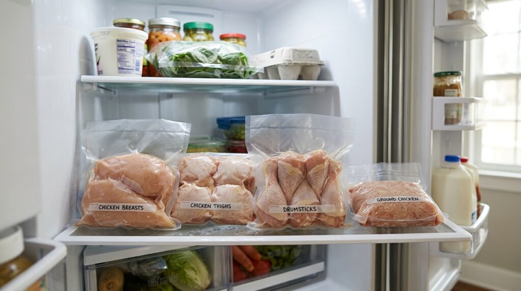 Raw vacuum-sealed chicken should remain refrigerated at 40°F (4°C) or below