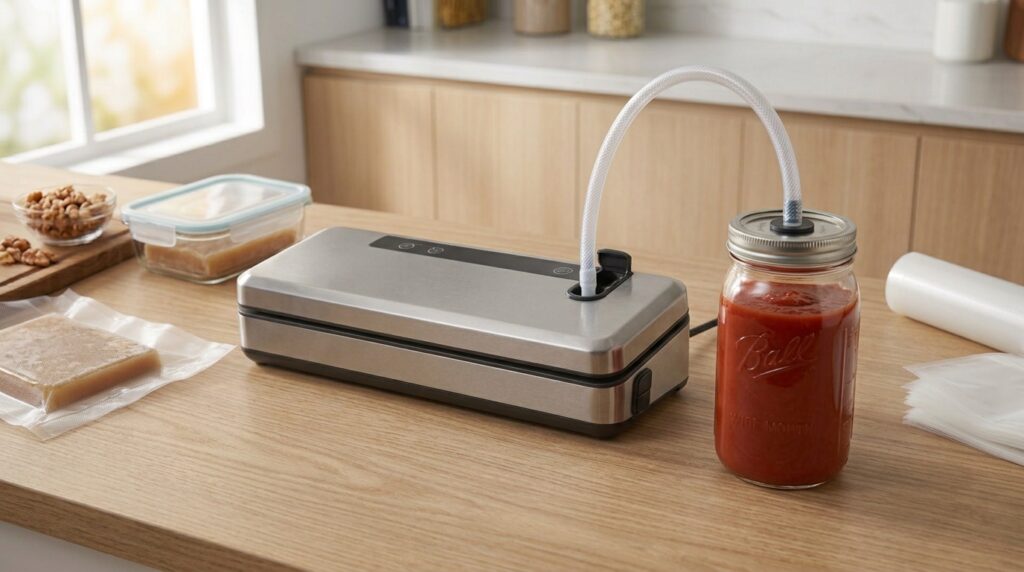 Vacuum sealer connected to a jar containing sauce through a canister attachment