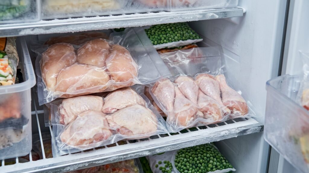 Vacuum-sealed chicken packages stored in a freezer to reduce freezer burn.