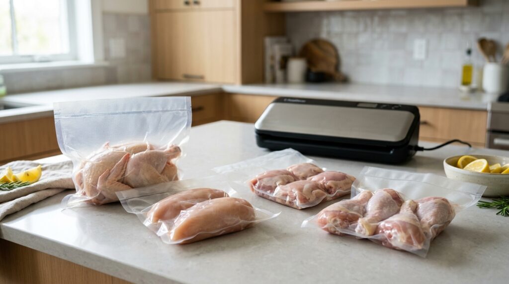 Vacuum-sealed chicken stored in properly sealed bags