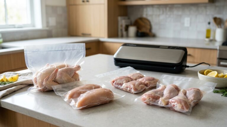 Vacuum-sealed chicken stored in properly sealed bags