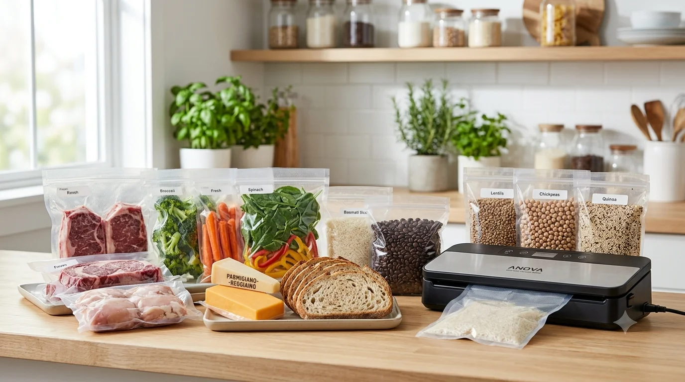 Different types of vacuum sealed food stored for longer shelf life