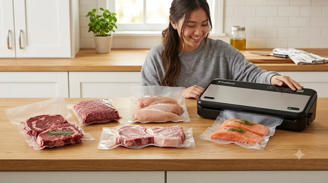 Vacuum sealed beef, chicken, pork, and fish stored for long-term food preservation