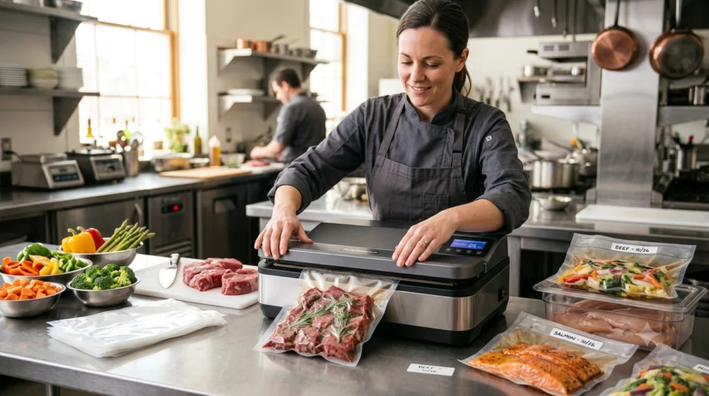 Using a vacuum sealer machine to remove air and seal food storage bags