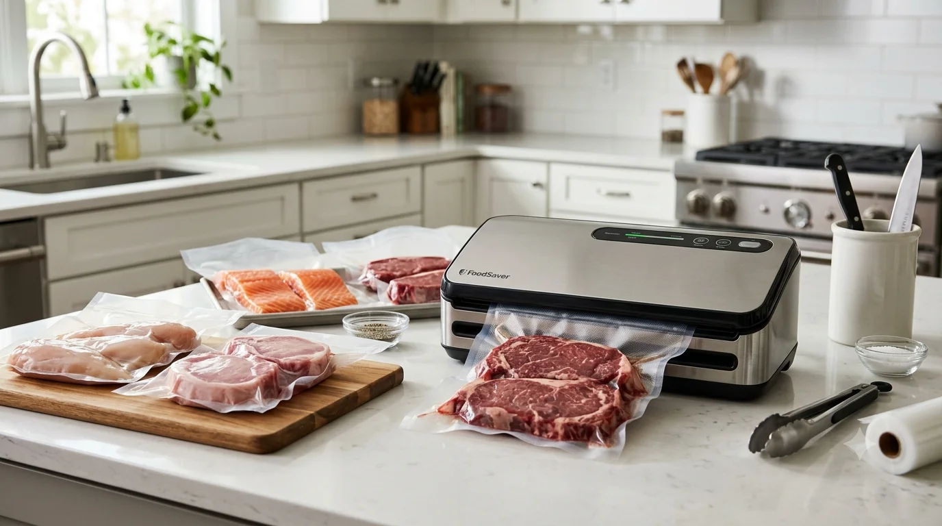 Vacuum sealing fresh meat for freezer storage and food preservation